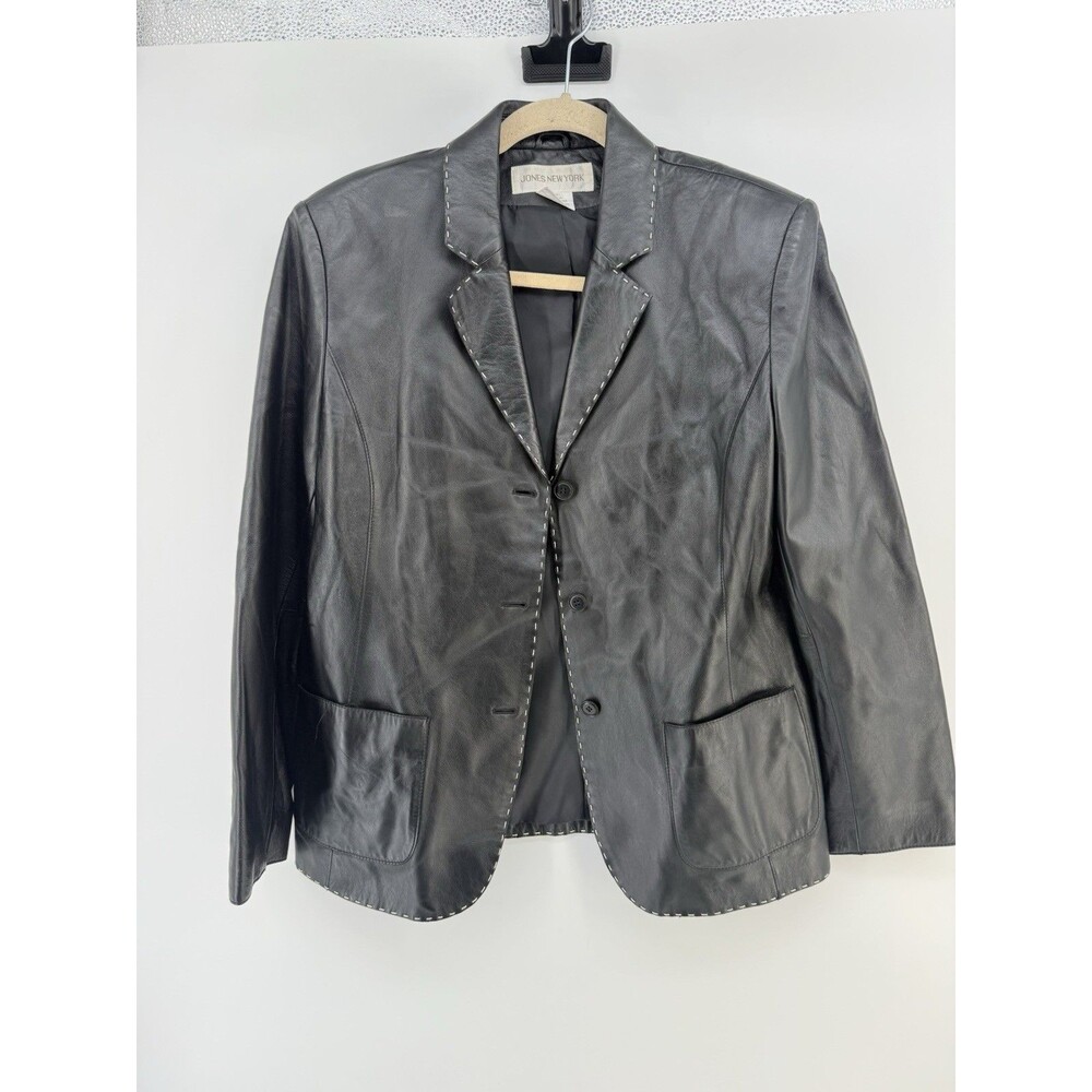 Womens Jones New York Black Leather Jacket 12 Beautiful Stitching Details